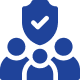 Blue shield and people icon with checkmark.