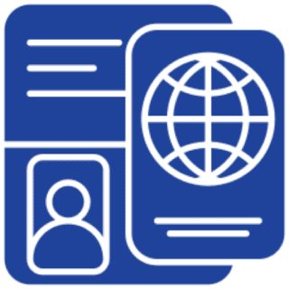 Blue icon symbolizing a passport with ID and globe elements.